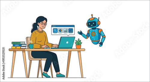 Woman interacting with an ai robot while working on a laptop
