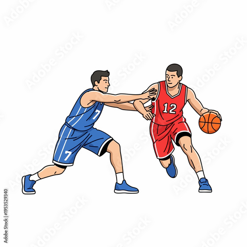 Basketball players competing, one dribbling, the other defending, dynamic action illustration