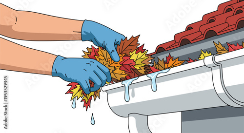 Two gloved hands are shown cleaning colorful autumn leaves from a white rain gutter with water dripping from it, next to a tiled roof.