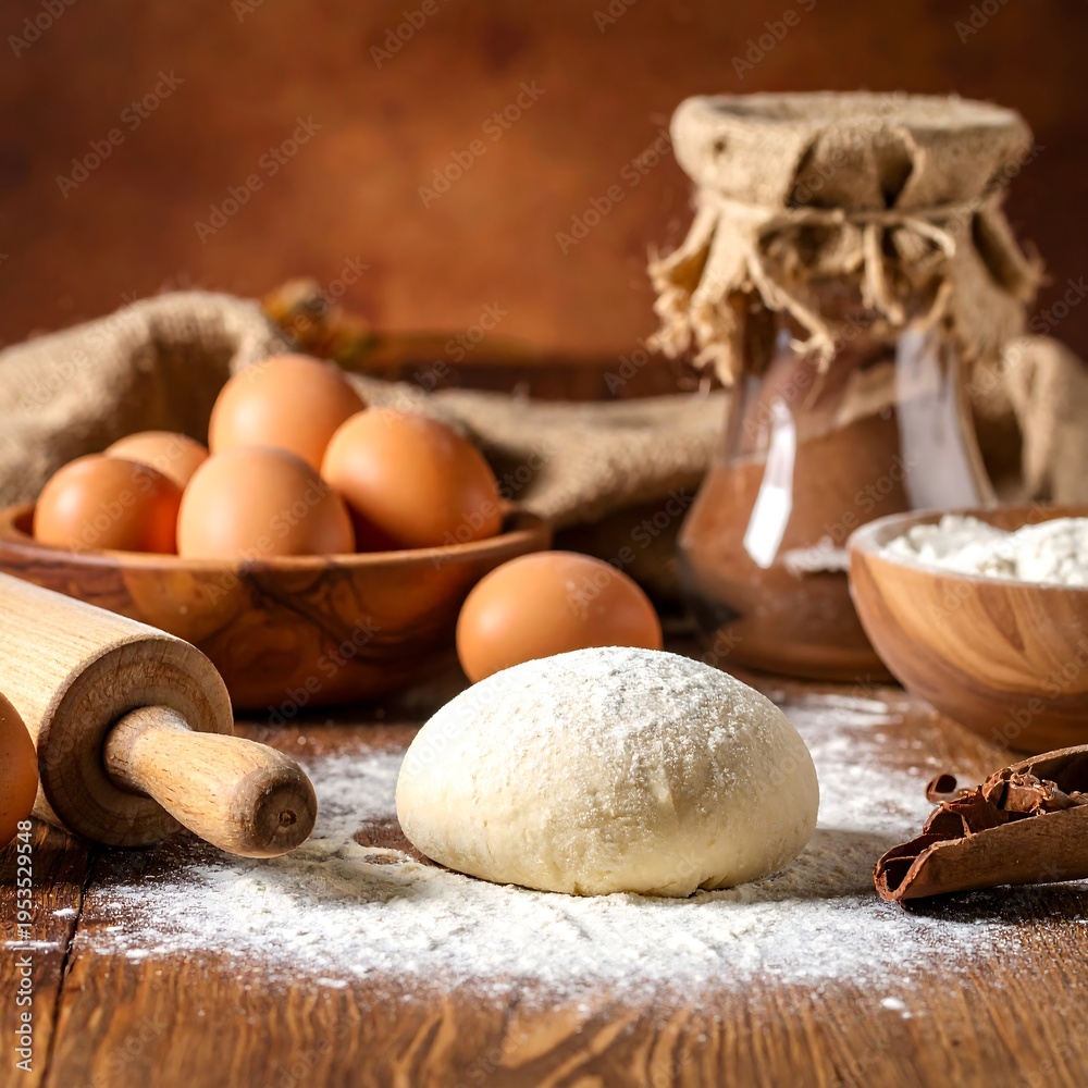 Fototapeta premium Close-up of ingredients on a wooden surface, including eggs, a rolling pin, dough, flour, spices, and a container