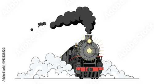 A black steam train with glowing headlights is seen from the front, emitting a large plume of dark smoke.