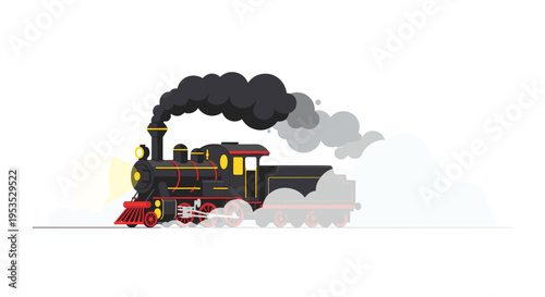 A black steam train with red and yellow accents moves horizontally, emitting dark smoke and white steam.