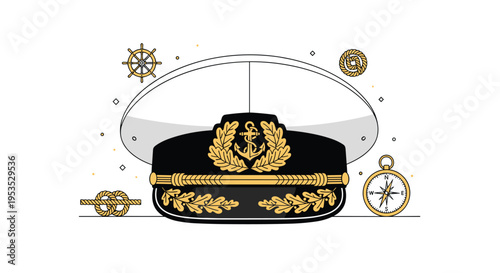 A black captain's hat with gold embroidery is surrounded by nautical elements on a white background.