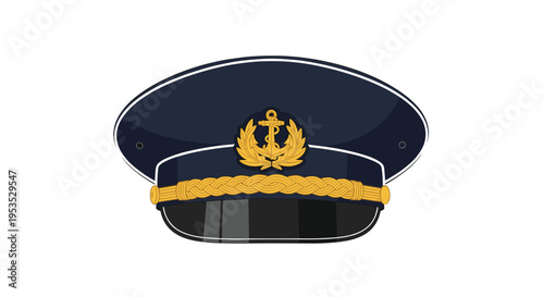 A navy blue captain's hat with gold trim and an anchor emblem is displayed on a white background.