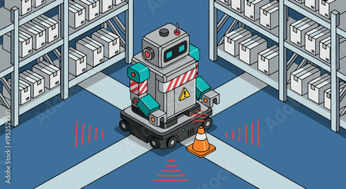 Automated Warehouse Robot with Cone in Vector Illustration for Industrial Logistics and Technology Applications