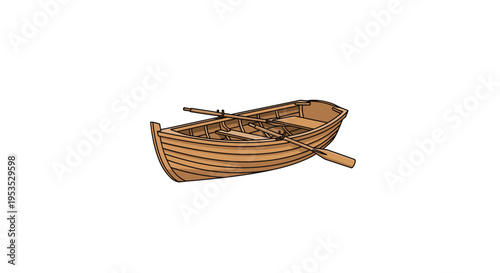 A traditional wooden rowboat with two oars rests on a plain white background.