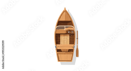 A wooden rowboat with a steering wheel and a single oar is viewed from directly above.
