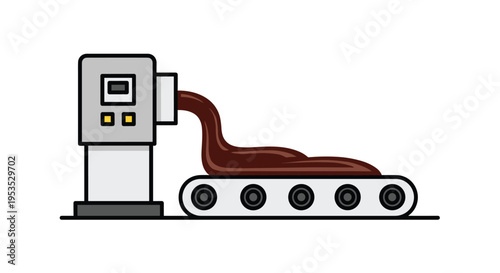 A grey industrial machine pours a thick stream of dark brown chocolate onto a moving grey conveyor belt.