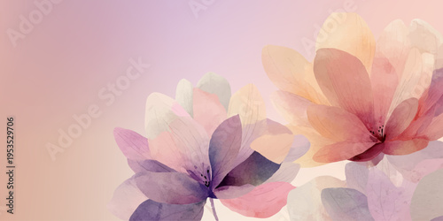 Abstract watercolor flowers blooming with soft pastel petals, creating a delicate floral design background with gentle light pink, purple, and orange hues