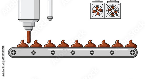 A chocolate dispensing machine extrudes ten brown chocolate drops onto a moving grey conveyor belt with two fans in the background.