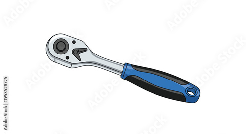 A silver ratchet wrench with a blue and black handle is angled diagonally against a plain white background.