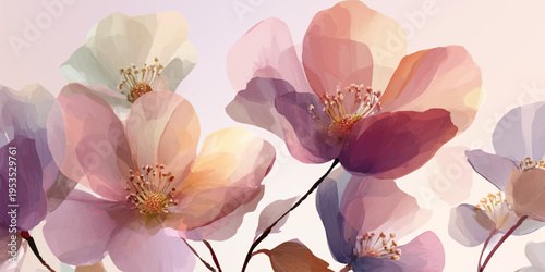 Soft, translucent watercolor flowers featuring delicate petals and stamens, creating an abstract botanical pattern with a gentle, calming atmosphere and an ethereal feel