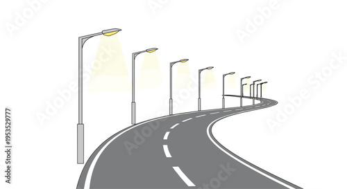 A winding grey road with white dashed lines is lined by eight glowing streetlights against a plain white background.
