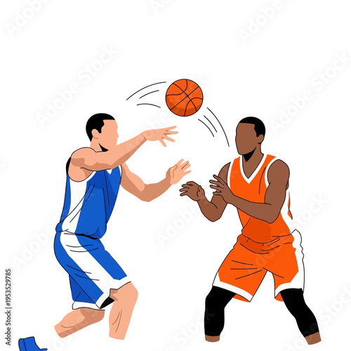 Basketball players in action, one passing the ball to another