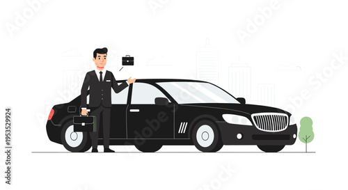 A smiling businessman in a black suit stands next to a black luxury sedan, holding a briefcase with a faint city skyline in the background.