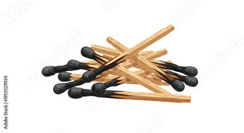 A compact stack of both burnt and unburnt matches is neatly arranged on a bright white surface.
