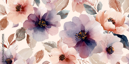 Delicate peach and purple watercolor flowers blooming seamlessly, creating a romantic floral pattern for elegant designs, textile prints, and tranquil backgrounds