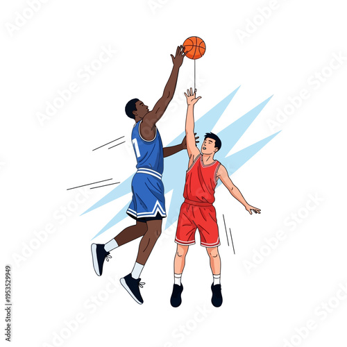 Basketball players jumping for ball, competitive sports action illustration