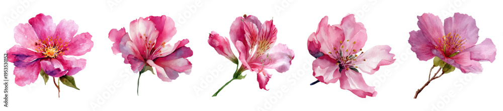 Εκτύπωση καμβά Pink watercolor flower illustrations isolated on white, showcasing various botan