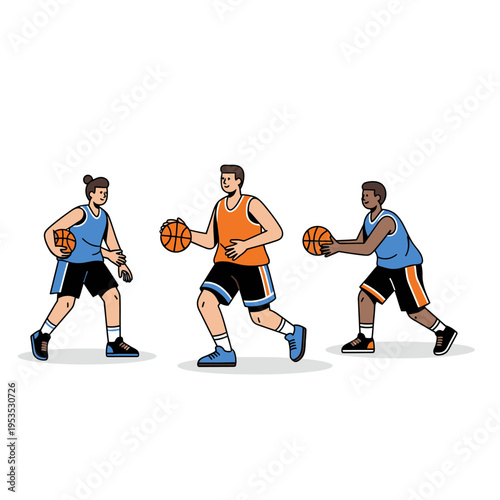 Three diverse basketball players dribbling and passing on white background, cartoon style