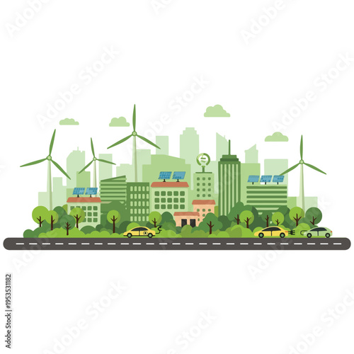 Sustainable green city concept with wind turbines, solar panels and electric cars in flat vector illustration