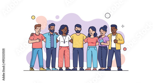A diverse group of people stand together smiling in a colorful illustration celebrating International Day of Happiness with a joyful mood