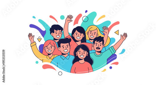 Colorful illustration of a diverse group of happy people celebrating together with joyful expressions and raised arms