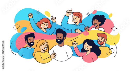 A colorful illustration of a diverse group of people celebrating the International Day of Happiness with smiles and joyful expressions