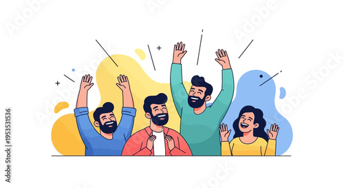 Colorful illustration of a diverse group of people celebrating the International Day of Happiness with joyful smiles and raised hands