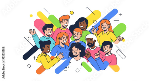 A colorful illustration of a diverse group of people celebrating the International Day of Happiness with smiles and joyful expressions