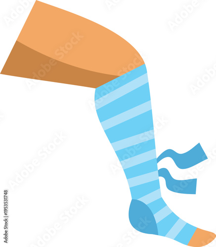 Leg showing a blue striped elastic bandage wrapping around an injured lower limb