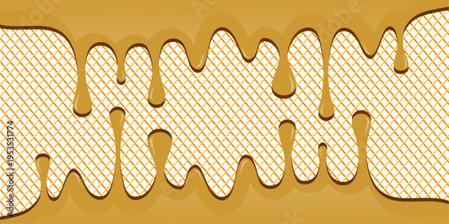 Hot chocolate drip illustration. Melting chocolate on waffle background. Drippy ice cream vector design. Wavy choco melt border. Brown chocolate drips illustration.