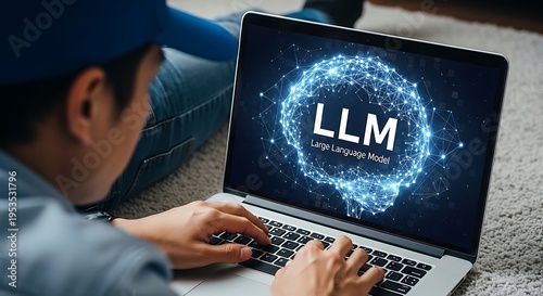 Person Using Laptop Displaying Large Language Model Concept on Screen with Blue neural network