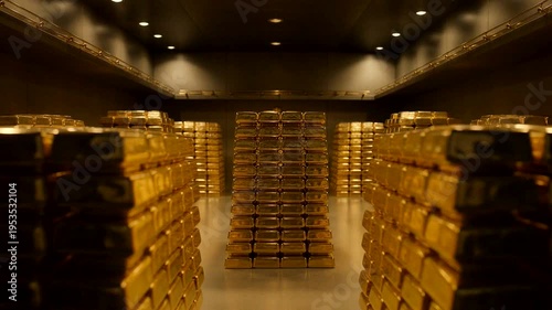 Stacks of gold bars arranged neatly in a large secure vault with dramatic indoor lighting.