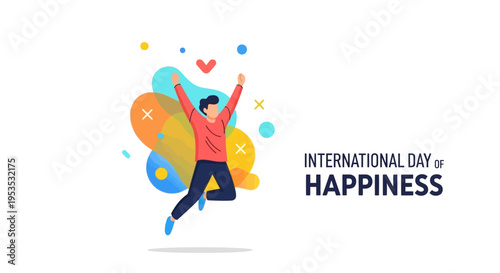 Colorful illustration of a joyful person jumping in celebration on International Day of Happiness with a lively and uplifting mood