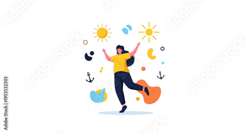 A joyful cartoon person celebrates International Day of Happiness with colorful symbols and icons surrounding their lively dance