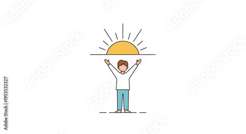 A cheerful cartoon man holds up a vibrant yellow sun on International Day of Happiness with colorful illustration design elements