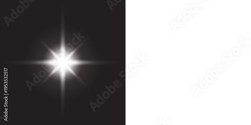 Foto Glowing white star shape isolated on black and transparent background, starburst
