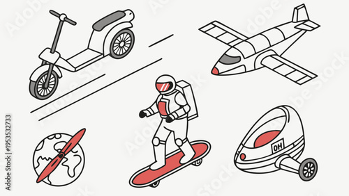 Futuristic Transportation Icons Set Astronaut Hoverboard Airplane Scooter Global Travel Innovation for Web Design