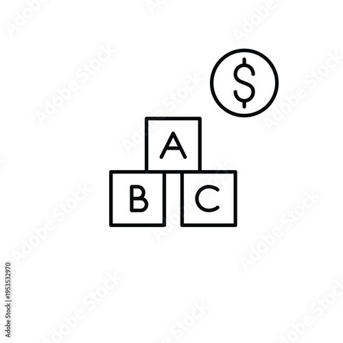 Alphabet blocks and dollar. Early education cost, toy expenses. Pixel perfect, editable stroke vector icon