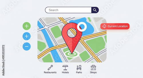 Digital Map Interface with Location Pin and Search Bar Design.