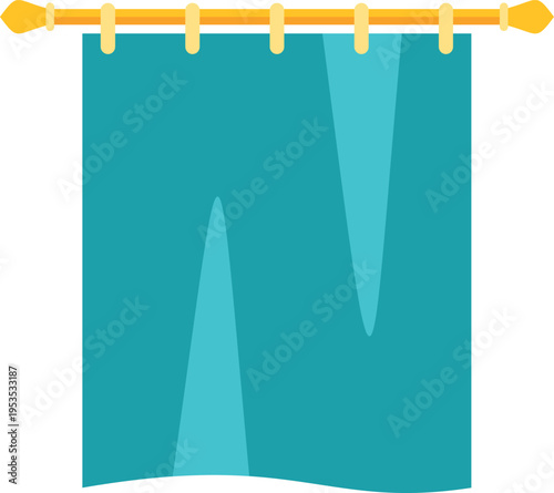 Teal textile curtain or drapes hanging on a yellow golden rod