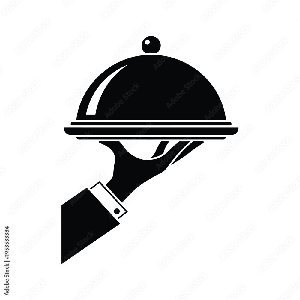 Fototapeta premium Waiter Holding Food Service Cloche Icon - Black and White Silhouette