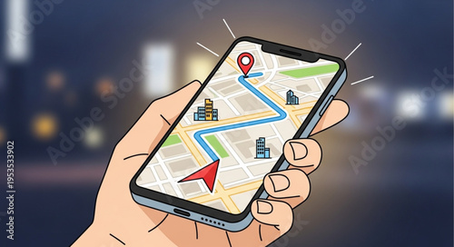 Hand holding smartphone displaying navigation app with route.