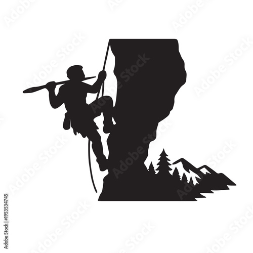 Black silhouette illustration of a person rock climbing on a steep mountain with pine tree forest Vector