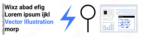 Data analysis, online research, web design, internet tools, information search, digital marketing. Magnifying glass and web-related graphical elements. Data analysis and online research concept