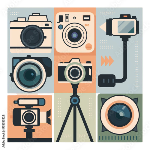 Collection of various cameras and photography equipment on colorful background