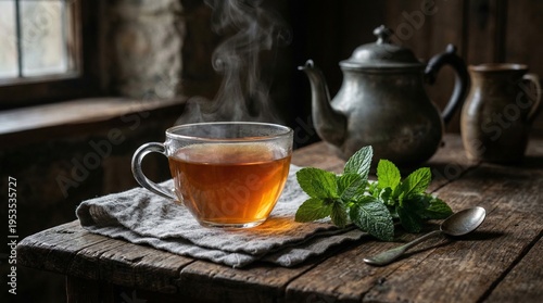 Steaming cup of herbal tea with mint and antique teapot in rustic setting