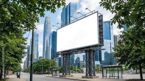Vast blank billboard dominates urban landscape surrounded by modern skyscrapers and lush trees