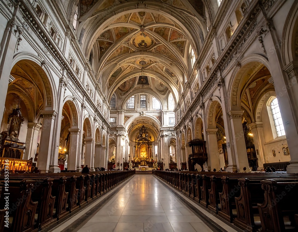 Fototapeta premium Interior view of a grand cathedral, featuring ornate ceilings and pews